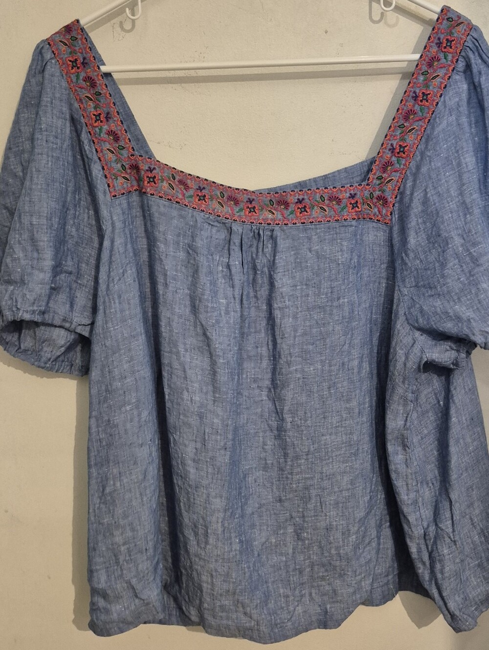 Boden Blue Linen Square-Neck Top Embroidered Trim Sz.20/22